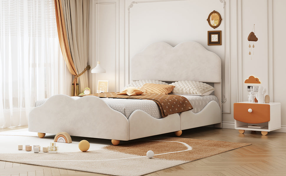 Full Size Upholstered Platform Bed With Cloud Shaped Bed Board, Beige Beige Velvet