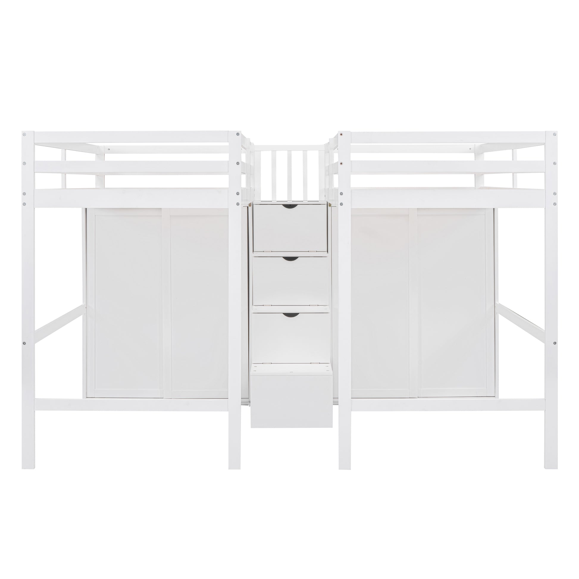 Double Twin Loft Beds With Wardrobes And Staircase, White White Solid Wood Mdf