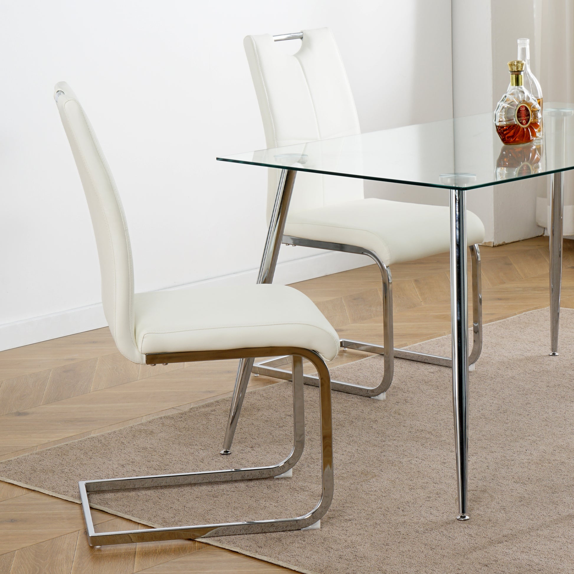 Modern Dining Chairs With Faux Leather Padded Seat Dining Living Room Chairs Upholstered Chair With Chrome Metal Legs Design For Kitchen, Living, Bedroom, Dining Room Side Chairs Set Of 2 White