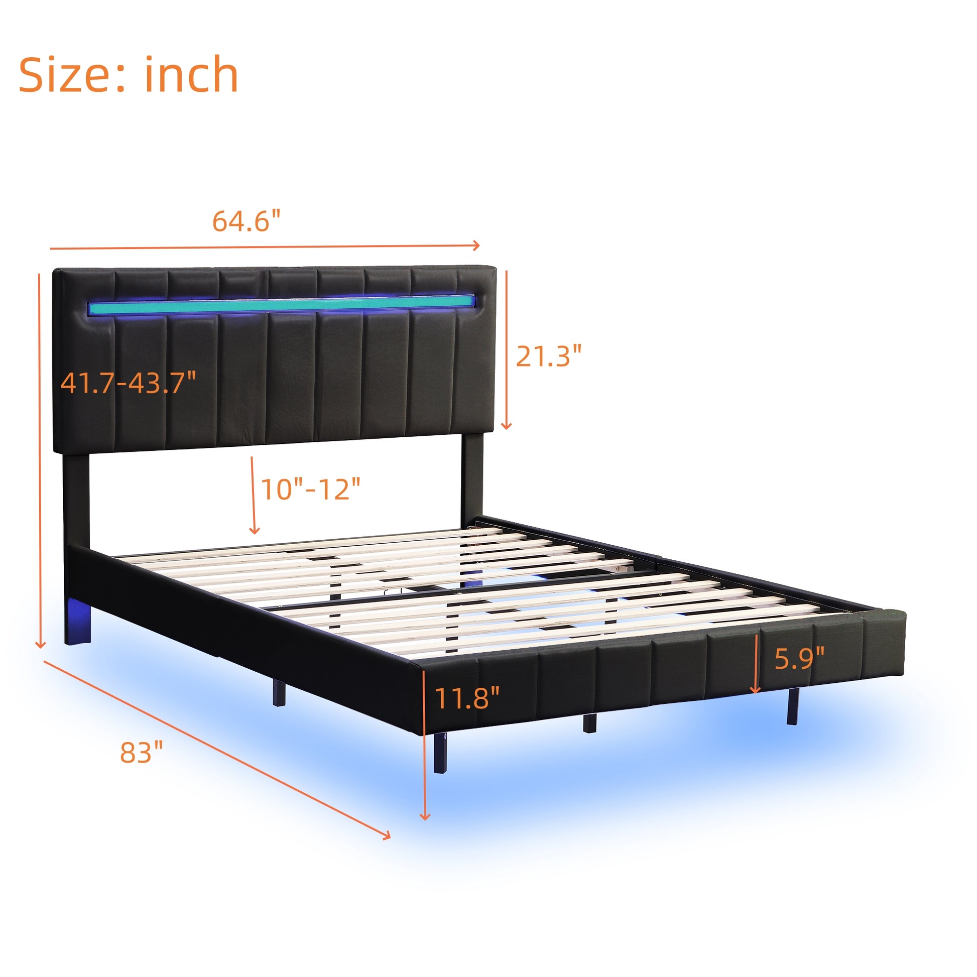 Queen Size Floating Bed Frame With Led Lights And Usb Charging,Modern Upholstered Platform Led Bed Frame,Black Black Pu