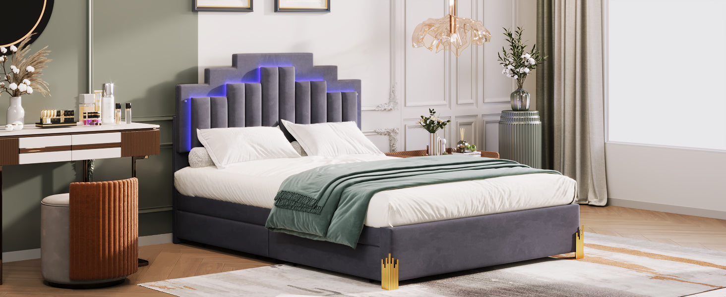 Queen Size Upholstered Platform Bed With Led Lights And 4 Drawers, Stylish Irregular Metal Bed Legs Design, Gray Gray Velvet