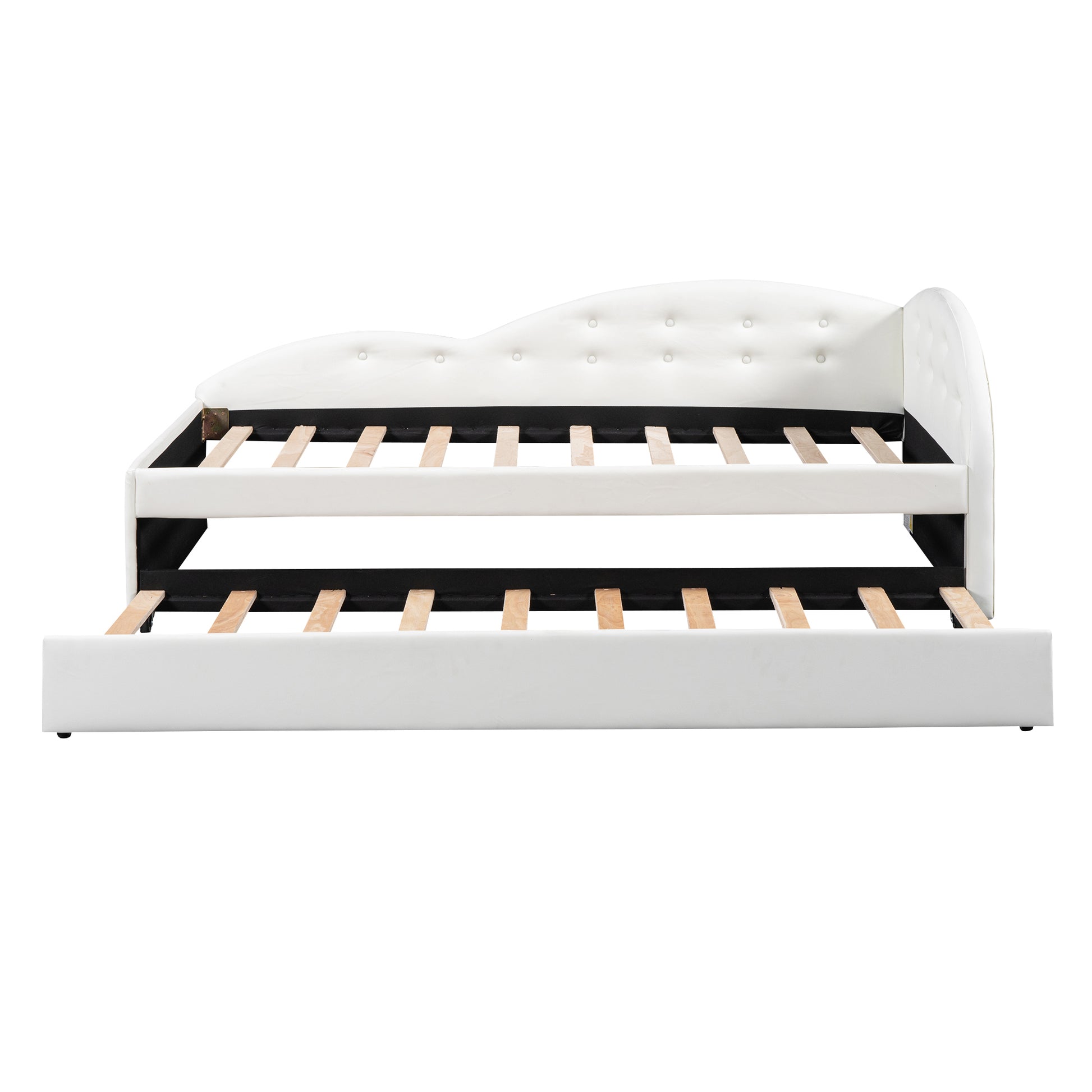 Twin Size Pu Upholstered Tufted Daybed With Trundle And Cloud Shaped Guardrail, White Box Spring Not Required Twin White Wood Faux Leather Upholstered