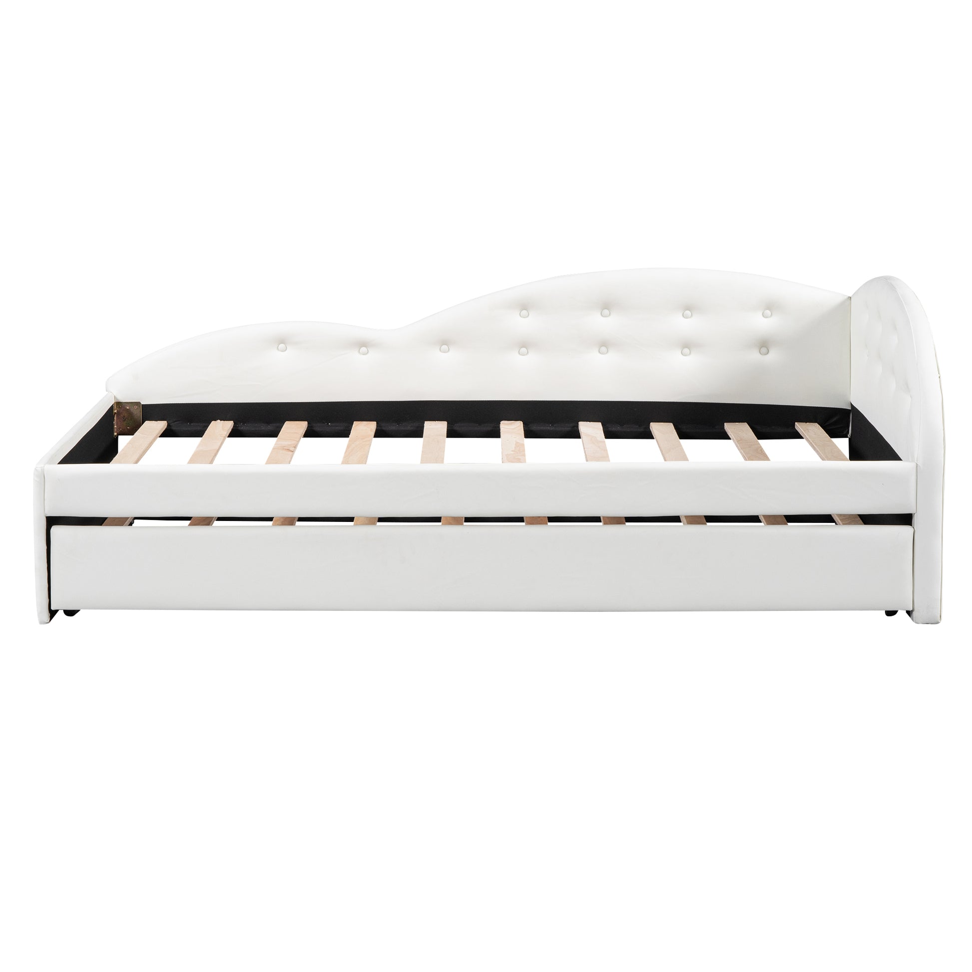 Twin Size Pu Upholstered Tufted Daybed With Trundle And Cloud Shaped Guardrail, White Box Spring Not Required Twin White Wood Faux Leather Upholstered