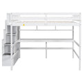 Full Size Loft Bed With Built In Desk, Bookshelves And Storage Staircase,White Full White American Design Pine