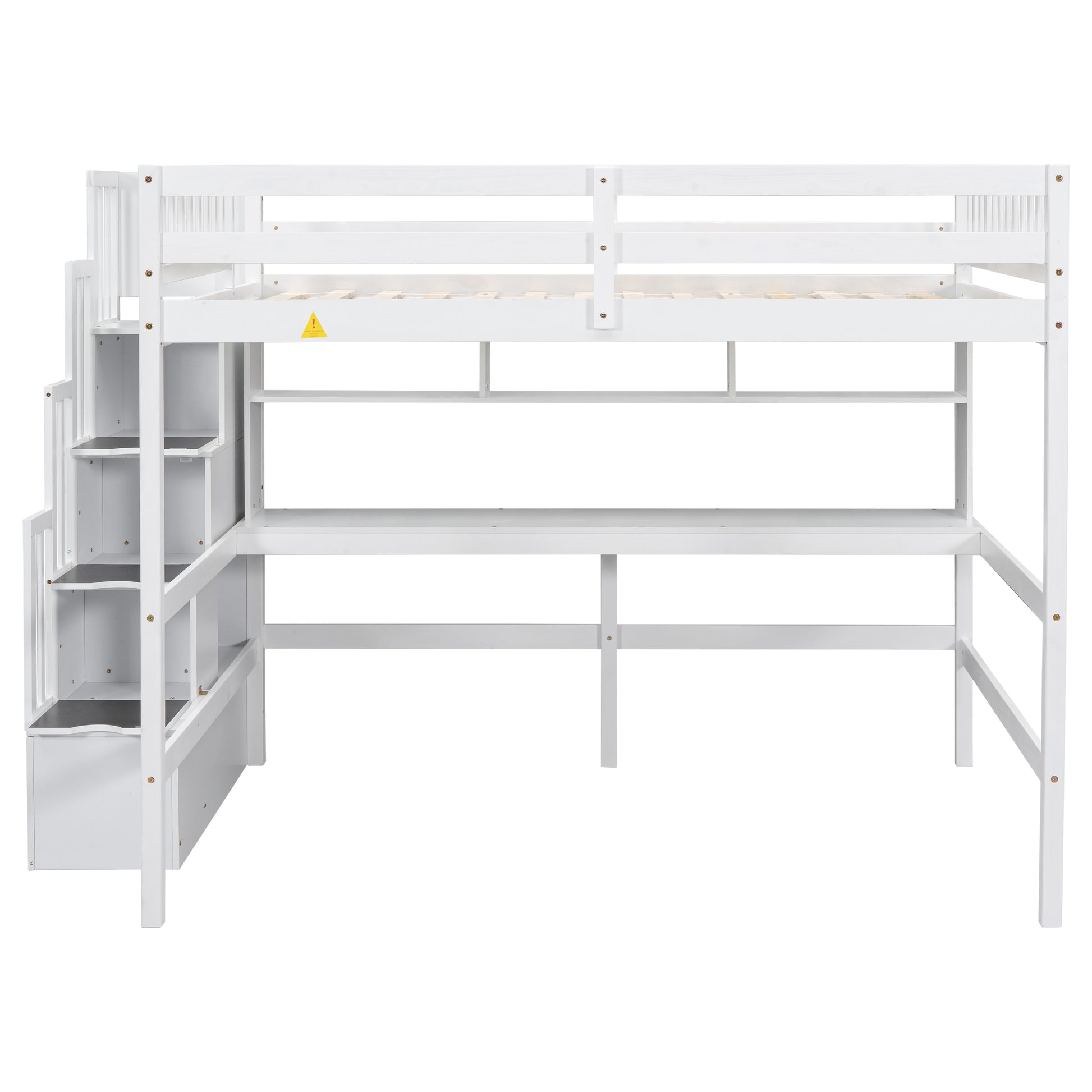 Full Size Loft Bed With Built In Desk, Bookshelves And Storage Staircase,White Full White American Design Pine