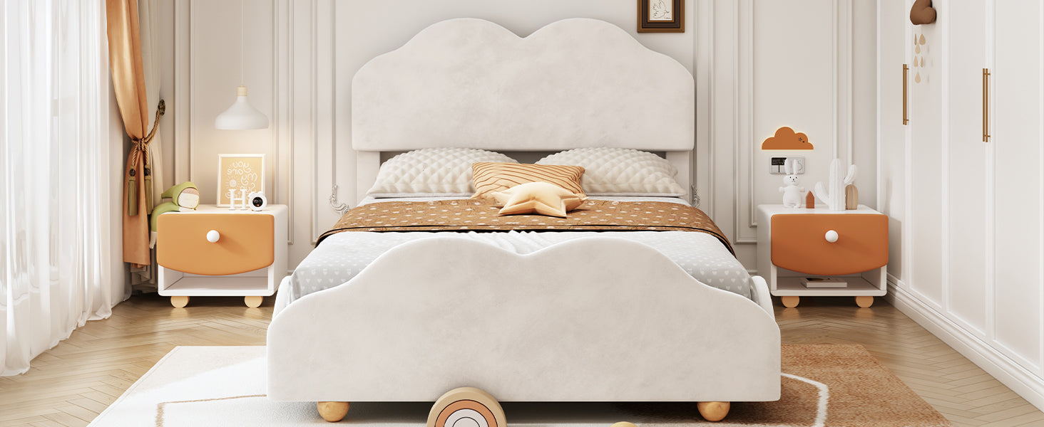 Full Size Upholstered Platform Bed With Cloud Shaped Bed Board, Beige Beige Velvet