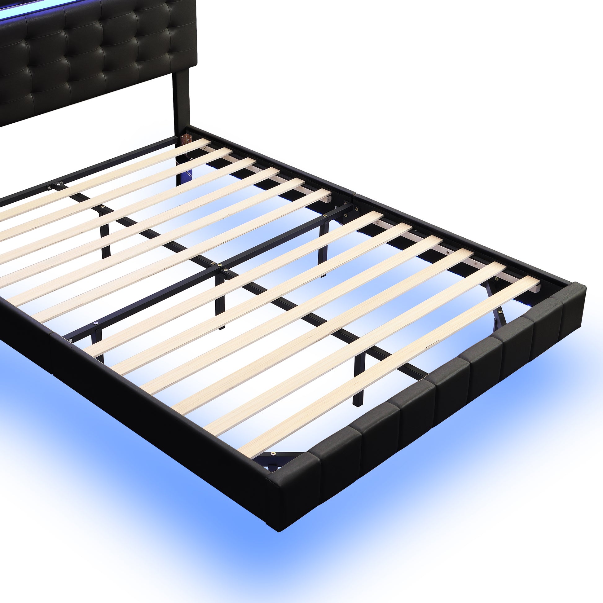Queen Size Floating Bed Frame With Led Lights And Usb Charging,Modern Upholstered Platform Led Bed Frame,Black Black Pu