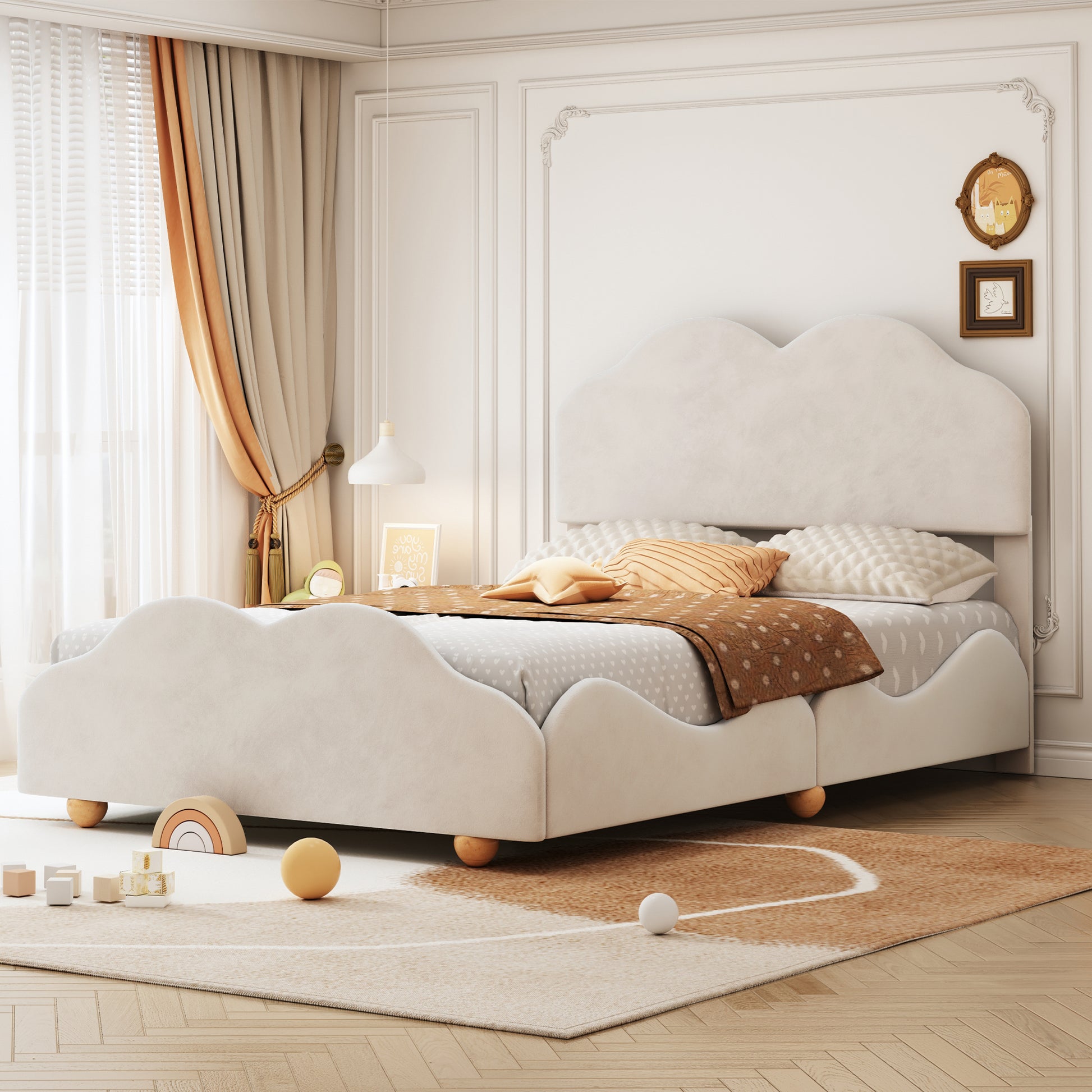 Full Size Upholstered Platform Bed With Cloud Shaped Bed Board, Beige Beige Velvet