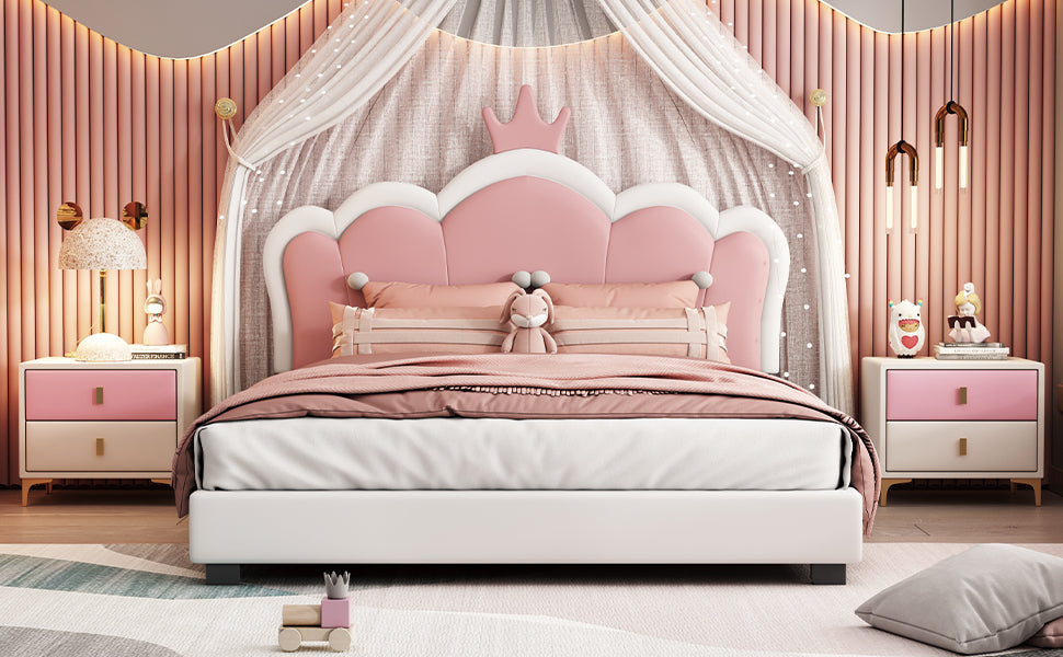 Full Size Upholstered Princess Bed With Crown Headboard,Full Size Platform Bed With Headboard And Footboard, White Pink Full White Pu