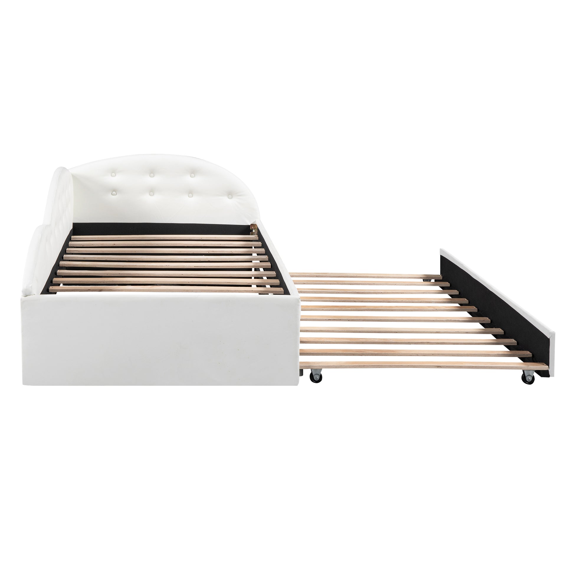 Twin Size Pu Upholstered Tufted Daybed With Trundle And Cloud Shaped Guardrail, White Box Spring Not Required Twin White Wood Faux Leather Upholstered