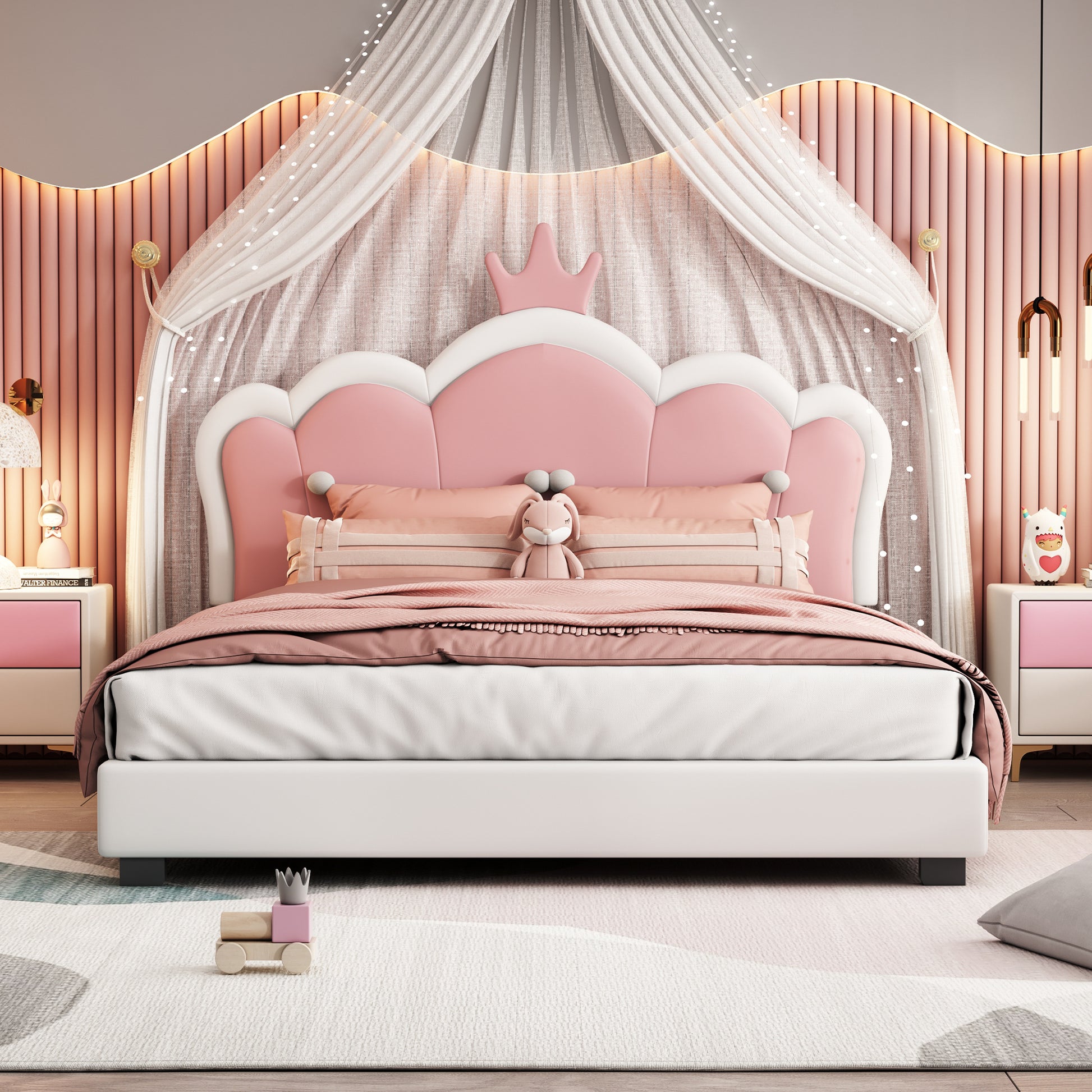 Full Size Upholstered Princess Bed With Crown Headboard,Full Size Platform Bed With Headboard And Footboard, White Pink Full White Pu