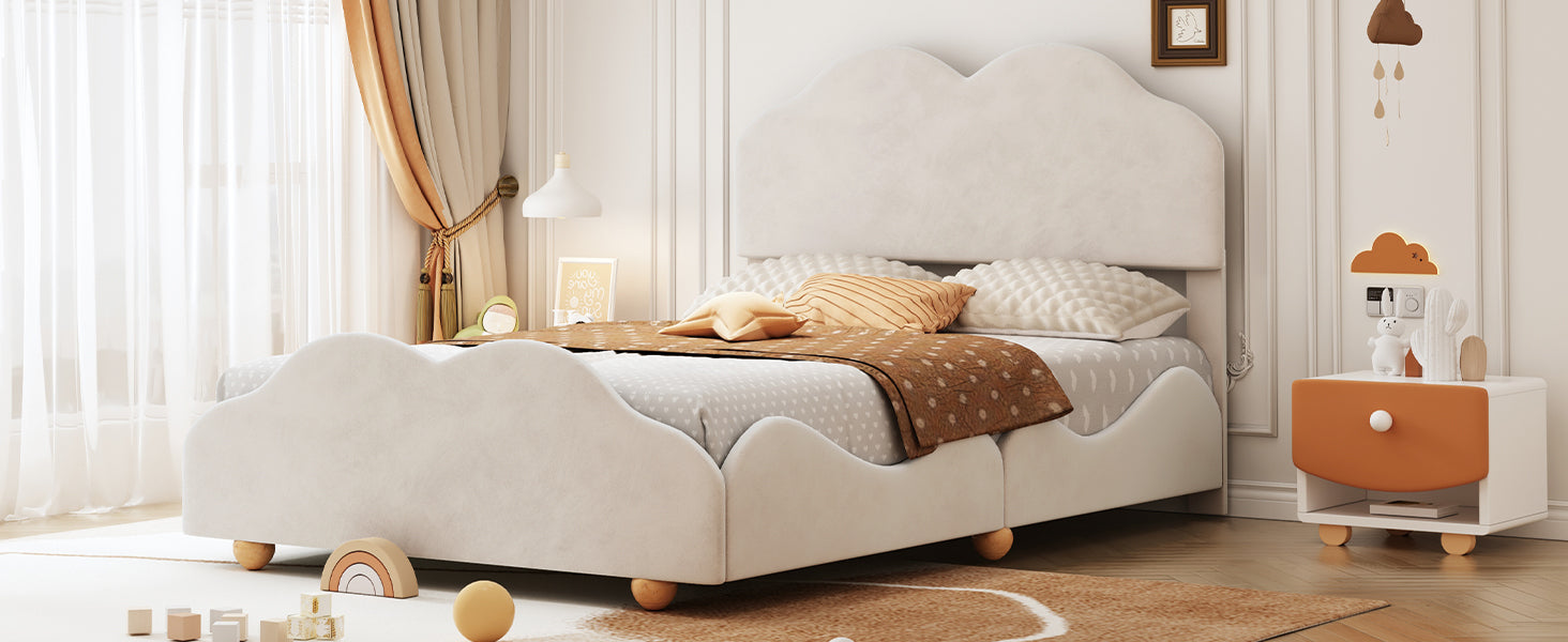 Full Size Upholstered Platform Bed With Cloud Shaped Bed Board, Beige Beige Velvet