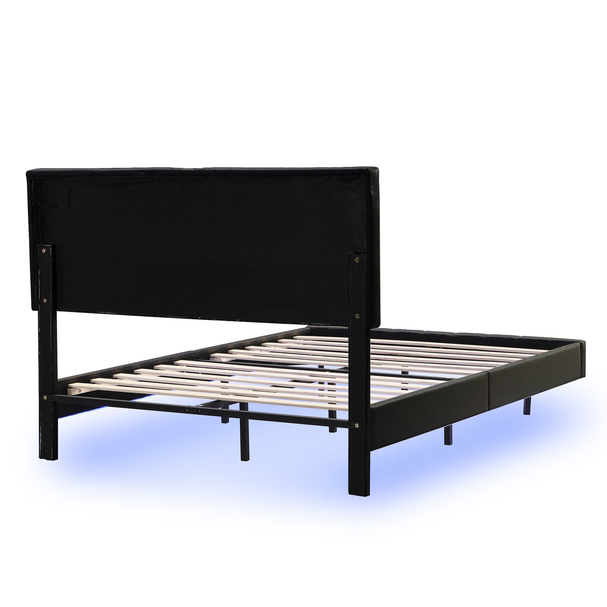 Queen Size Floating Bed Frame With Led Lights And Usb Charging,Modern Upholstered Platform Led Bed Frame,Black Black Pu