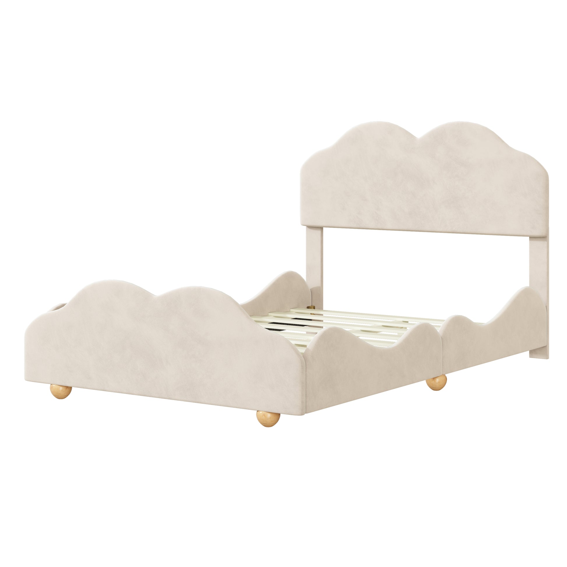 Full Size Upholstered Platform Bed With Cloud Shaped Bed Board, Beige Beige Velvet