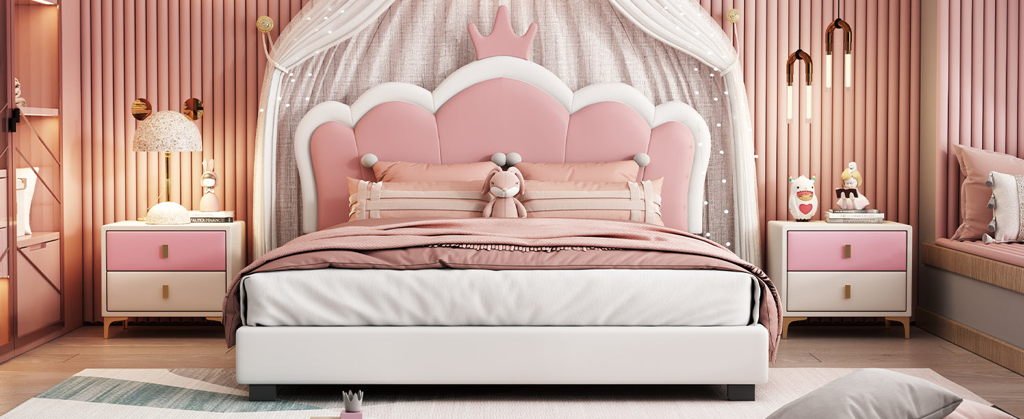 Full Size Upholstered Princess Bed With Crown Headboard,Full Size Platform Bed With Headboard And Footboard, White Pink Full White Pu