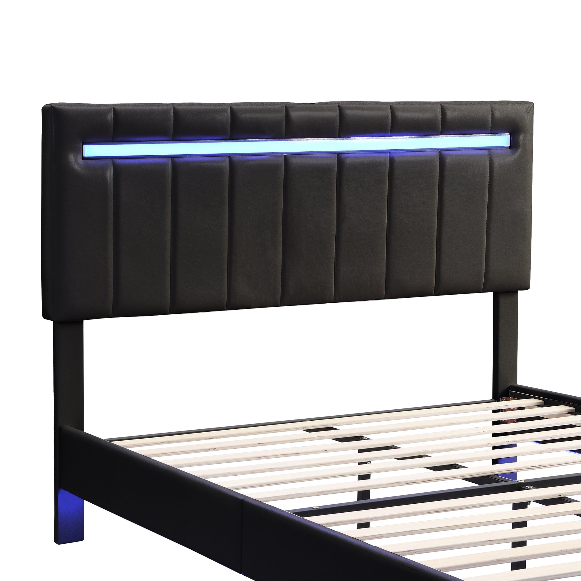 Queen Size Floating Bed Frame With Led Lights And Usb Charging,Modern Upholstered Platform Led Bed Frame,Black Black Pu