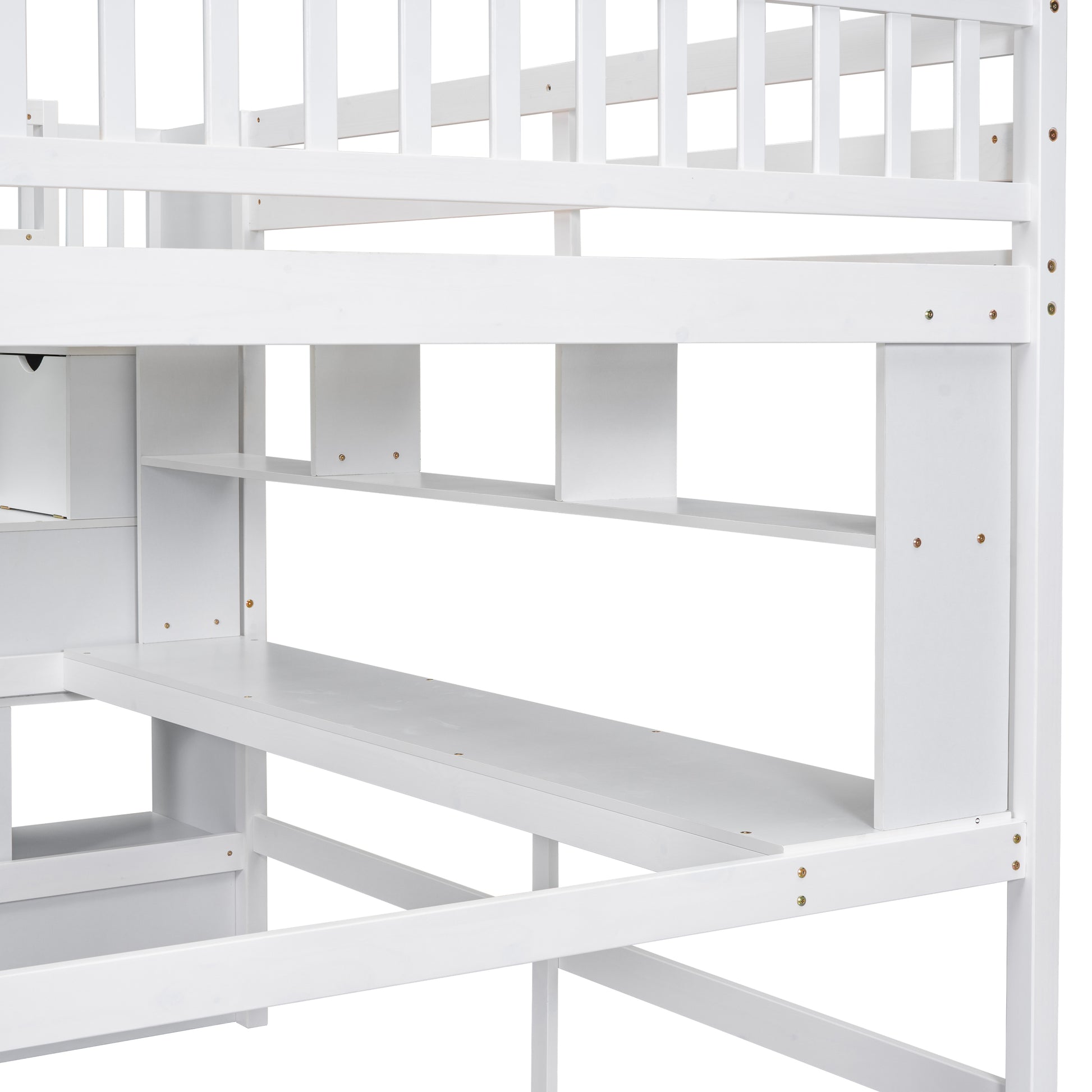 Full Size Loft Bed With Built In Desk, Bookshelves And Storage Staircase,White Full White American Design Pine