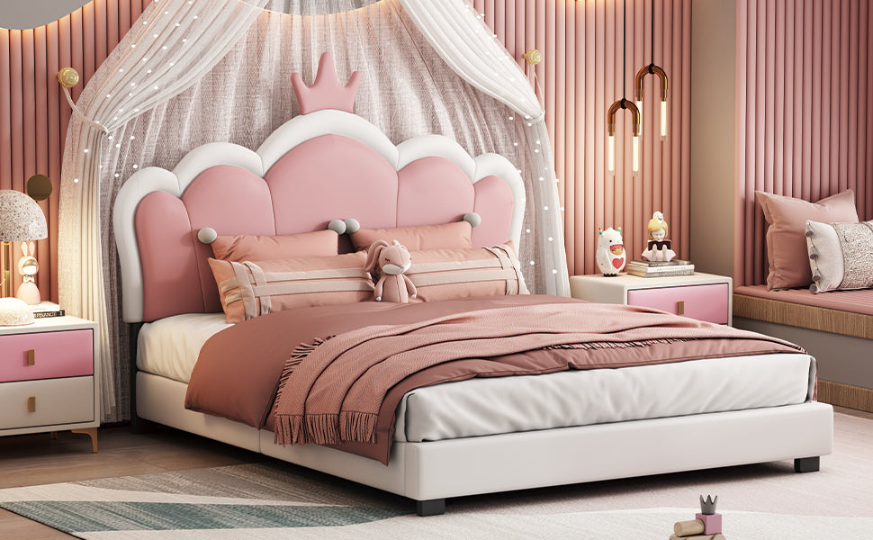 Full Size Upholstered Princess Bed With Crown Headboard,Full Size Platform Bed With Headboard And Footboard, White Pink Full White Pu