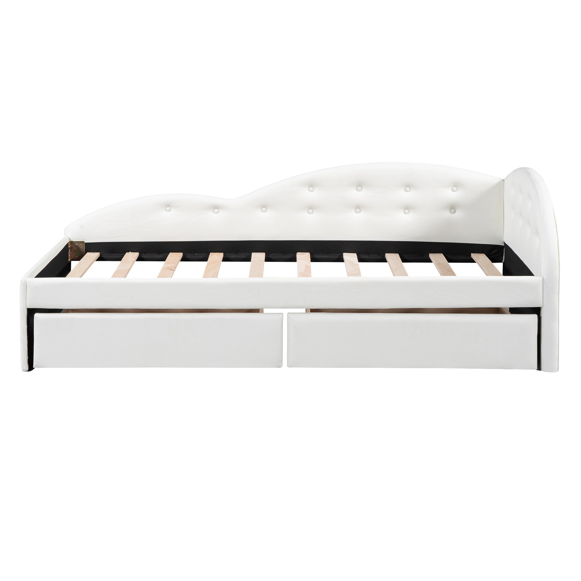 Twin Size Pu Upholstered Tufted Daybed With Two Drawers And Cloud Shaped Guardrail, White Box Spring Not Required Twin White Wood Daybeds Faux Leather Upholstered