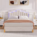 Queen Size Upholstered Platform Bed With Led Lights And 4 Drawers, Stylish Irregular Metal Bed Legs Design, Beige Beige Velvet