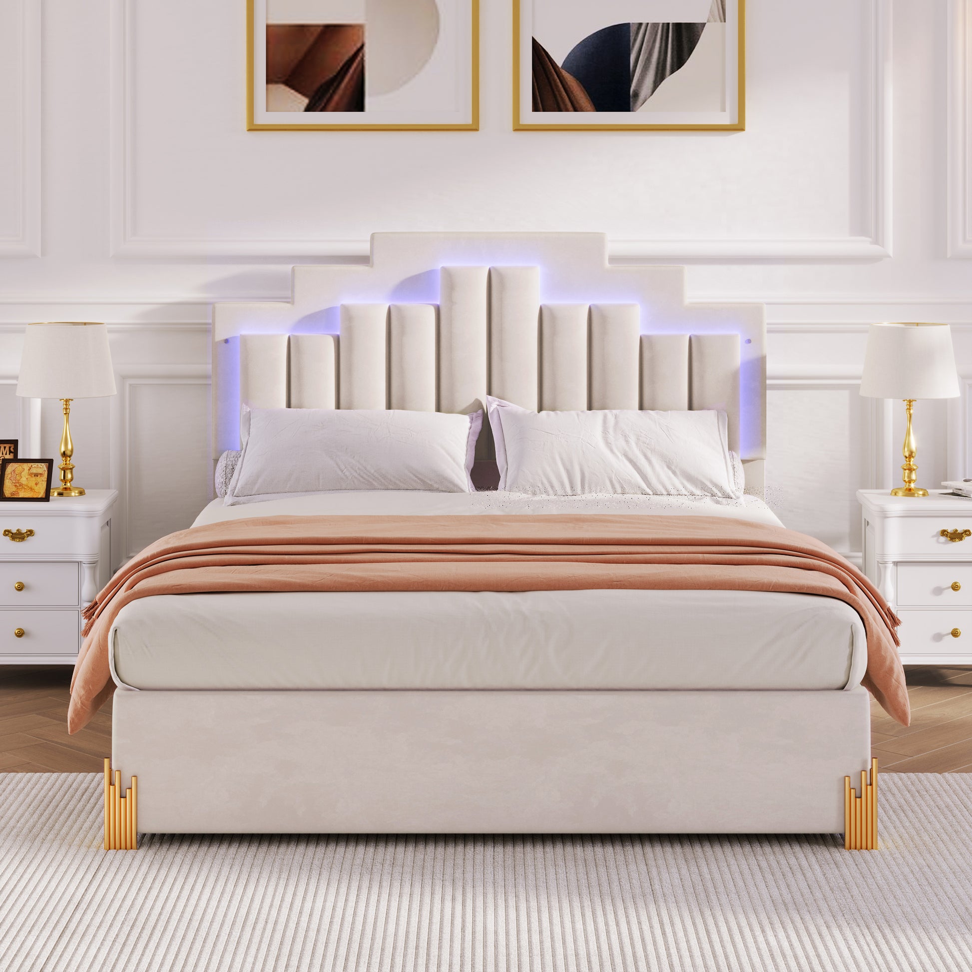 Queen Size Upholstered Platform Bed With Led Lights And 4 Drawers, Stylish Irregular Metal Bed Legs Design, Beige Beige Velvet