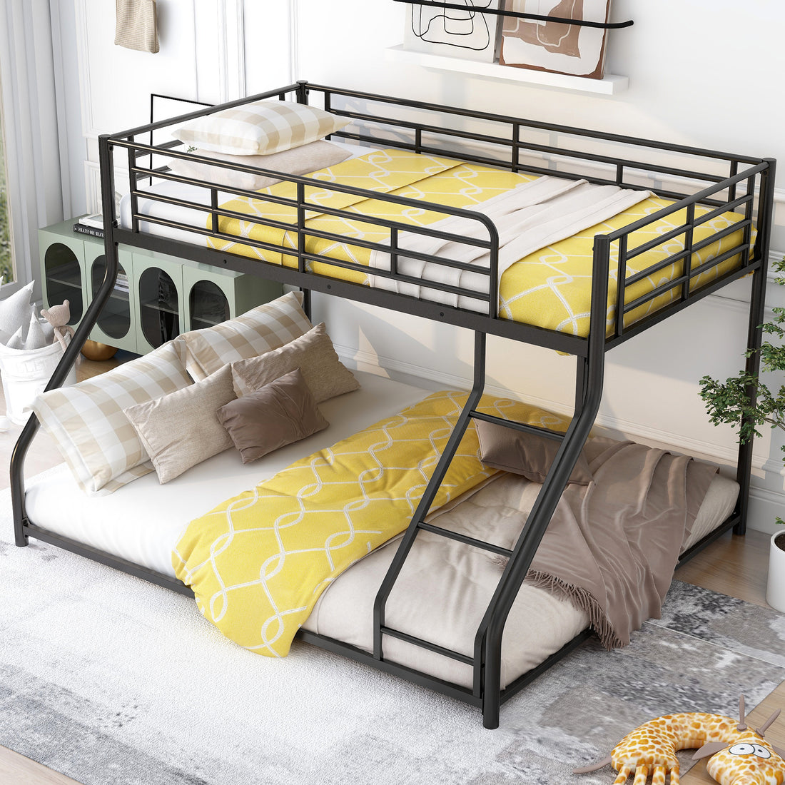 Metal Floor Bunk Bed, Twin Xl Over Queen, Black Black Metal
