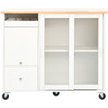Kitchen Island With Drop Leaf, Led Light Kitchen Cart On Wheels With 2 Fluted Glass Doors And 1 Flip Cabinet Door, Large Kitchen Island Cart With An Adjustable Shelf And 2 Drawers White White