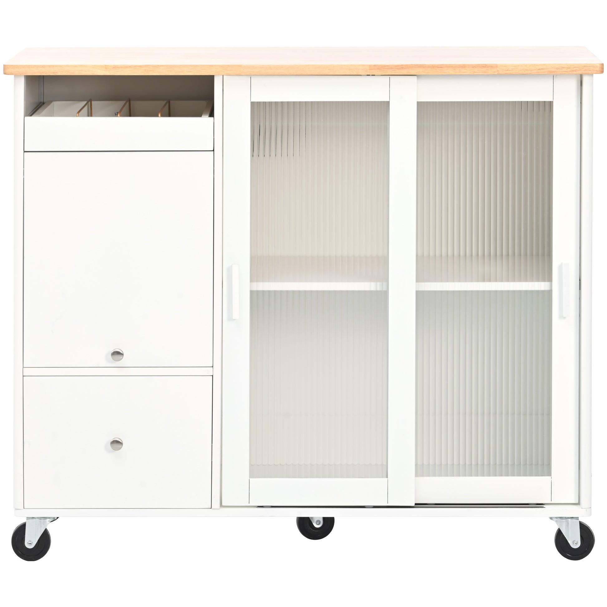 Kitchen Island With Drop Leaf, Led Light Kitchen Cart On Wheels With 2 Fluted Glass Doors And 1 Flip Cabinet Door, Large Kitchen Island Cart With An Adjustable Shelf And 2 Drawers White White