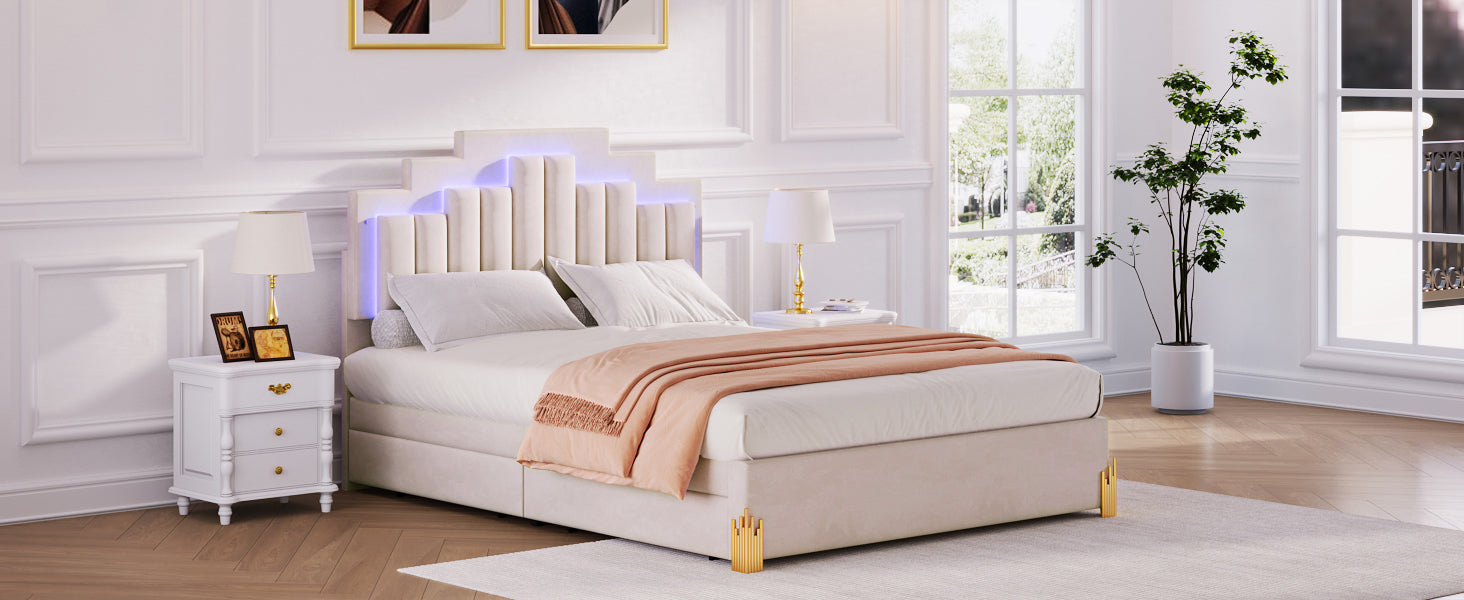 Queen Size Upholstered Platform Bed With Led Lights And 4 Drawers, Stylish Irregular Metal Bed Legs Design, Beige Beige Velvet