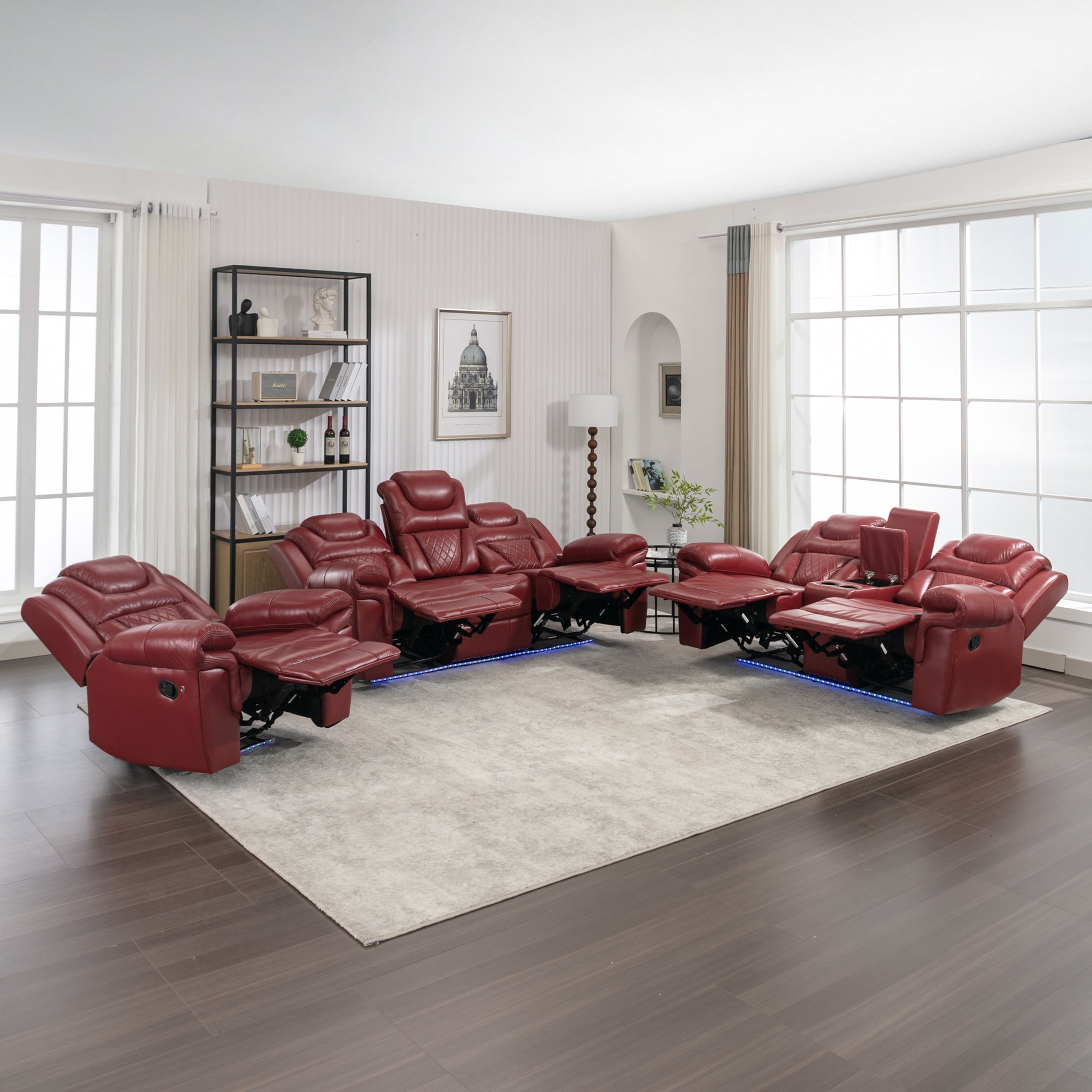 3 Pieces Recliner Sofa Sets Home Theater Seating Manual Recliner Chair With Center Console And Led Light Strip For Living Room, Wine Red Wine Red Foam Faux Leather