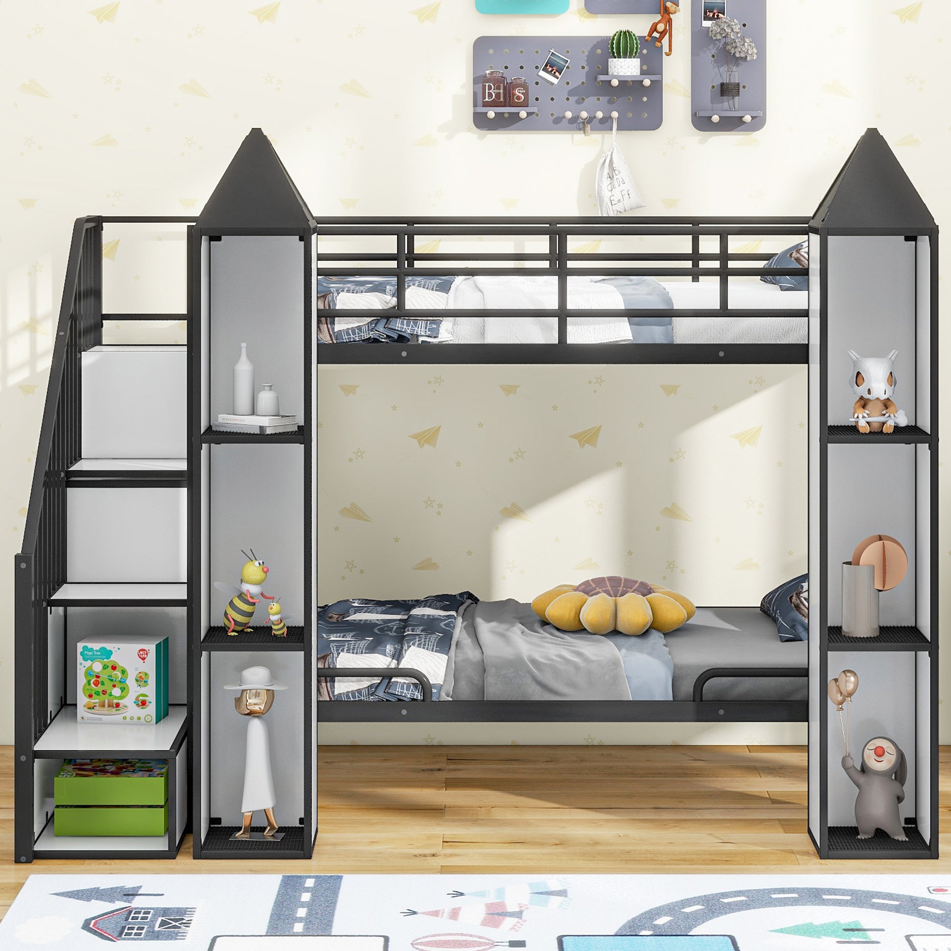 Metal Twin Over Twin Castle Shaped Bunk Bed With Wardrobe And Multiple Storage, Black White Box Spring Not Required Twin White Black Metal Bedroom Bunk Metal & Wood