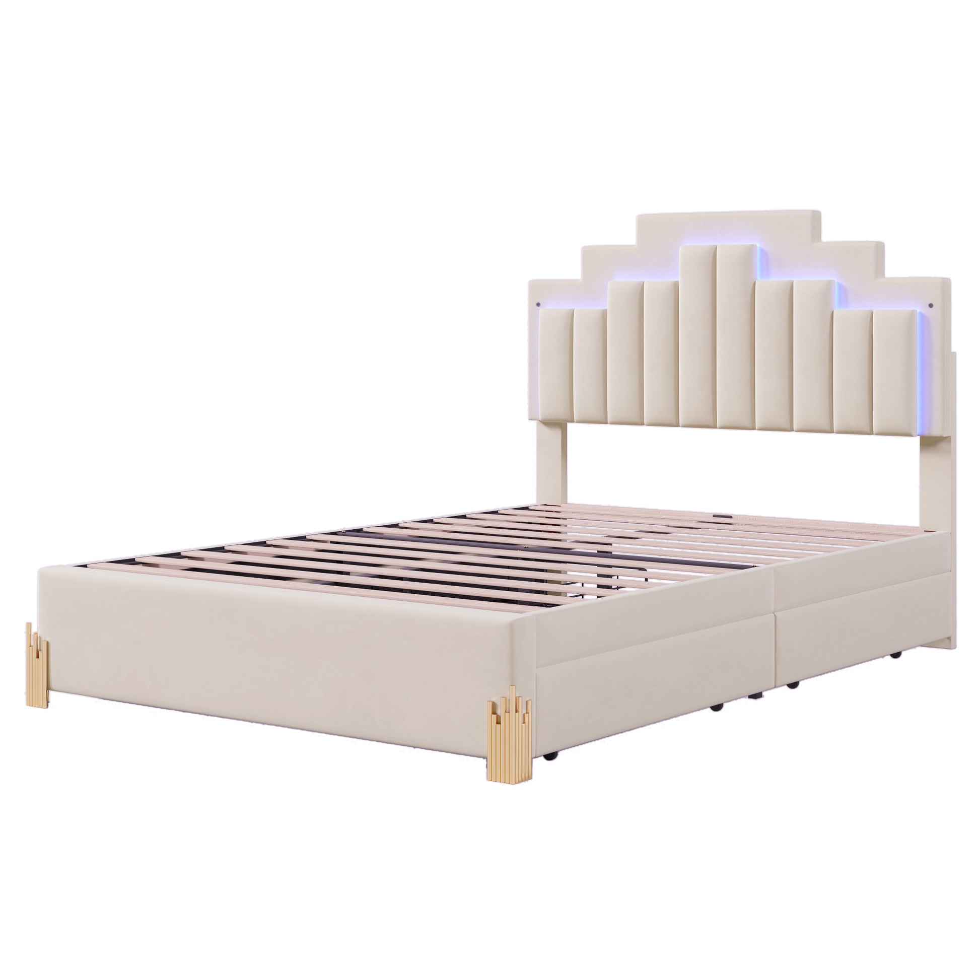 Full Size Upholstered Platform Bed With Led Lights And 4 Drawers, Stylish Irregular Metal Bed Legs Design, Beige Beige Velvet