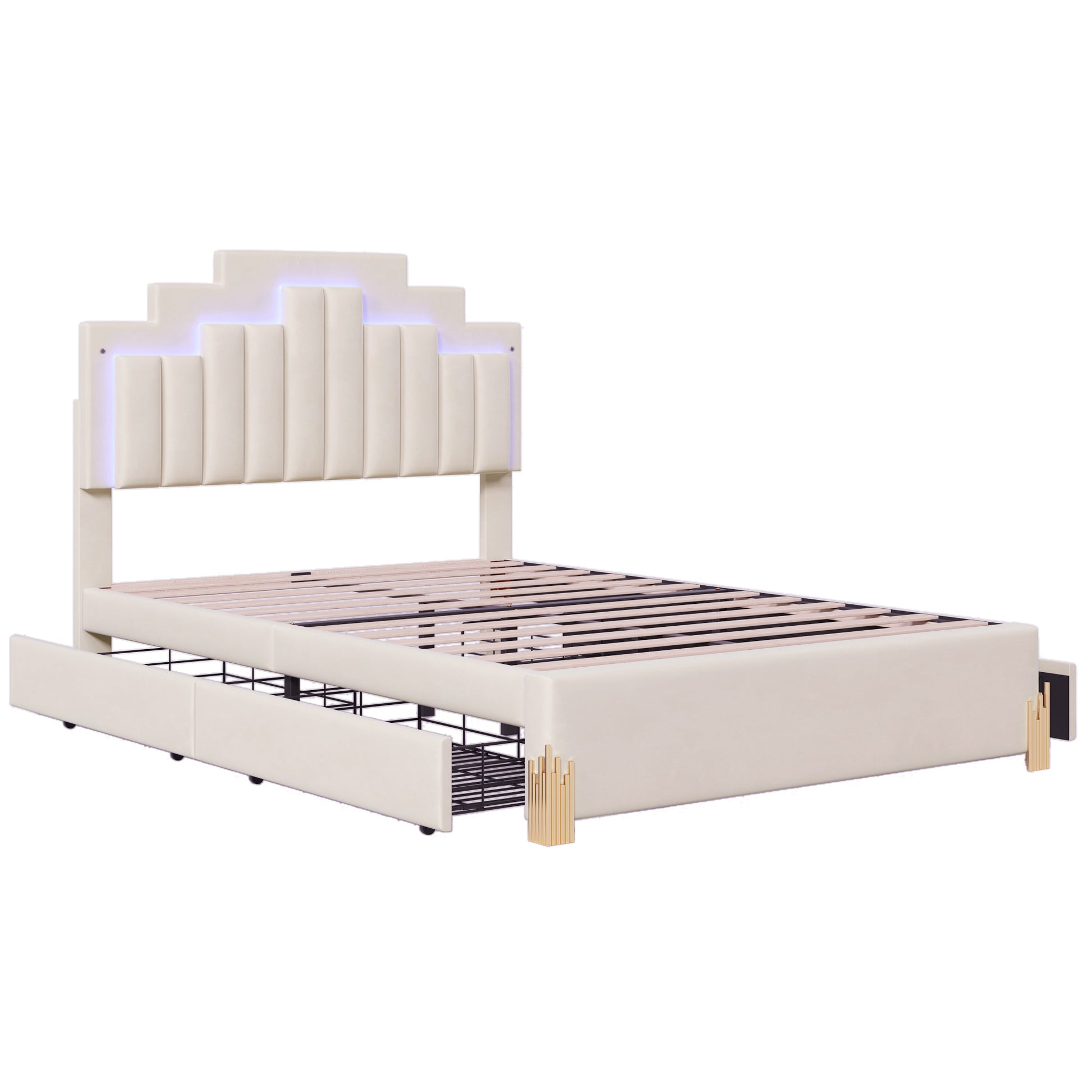 Full Size Upholstered Platform Bed With Led Lights And 4 Drawers, Stylish Irregular Metal Bed Legs Design, Beige Beige Velvet