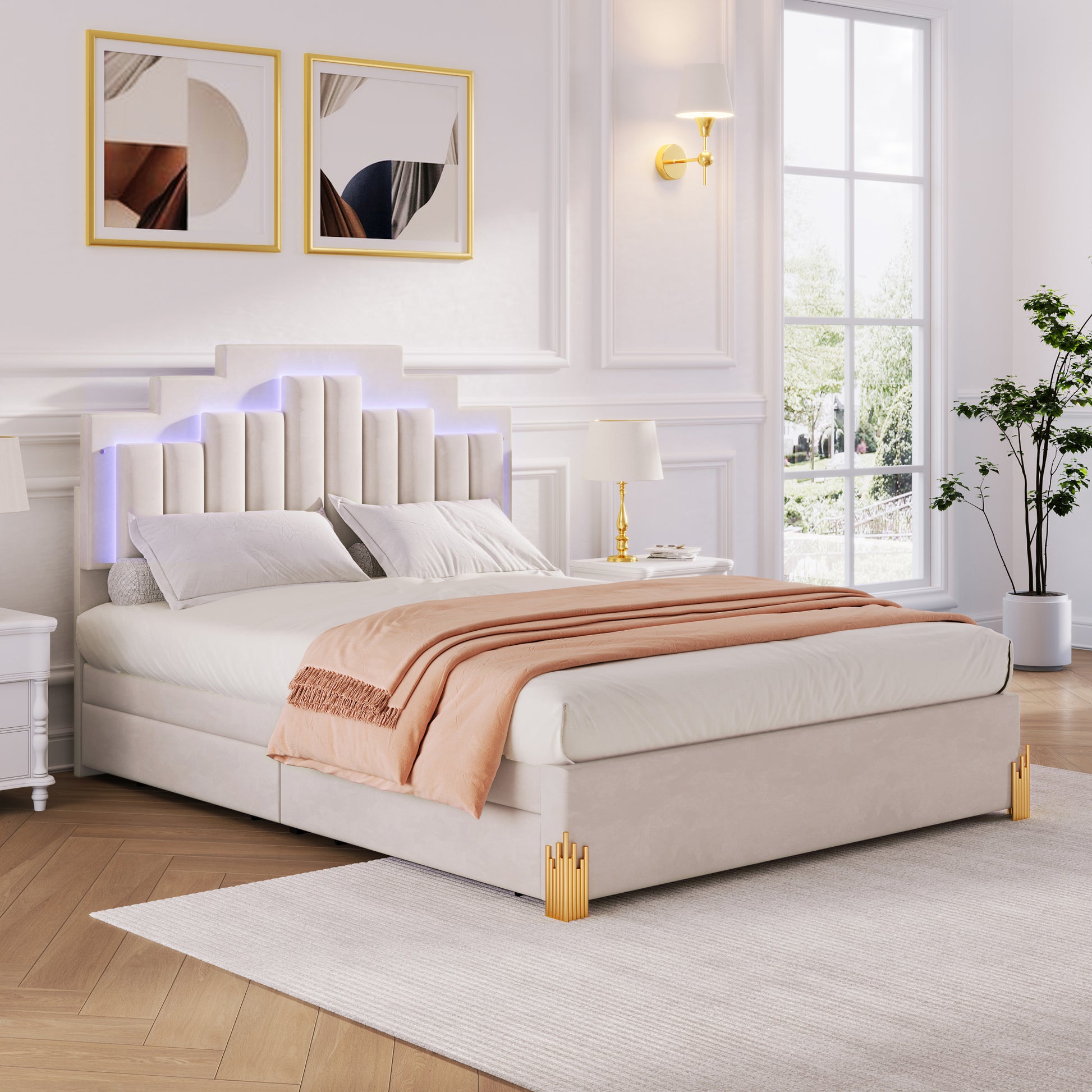 Queen Size Upholstered Platform Bed With Led Lights And 4 Drawers, Stylish Irregular Metal Bed Legs Design, Beige Beige Velvet
