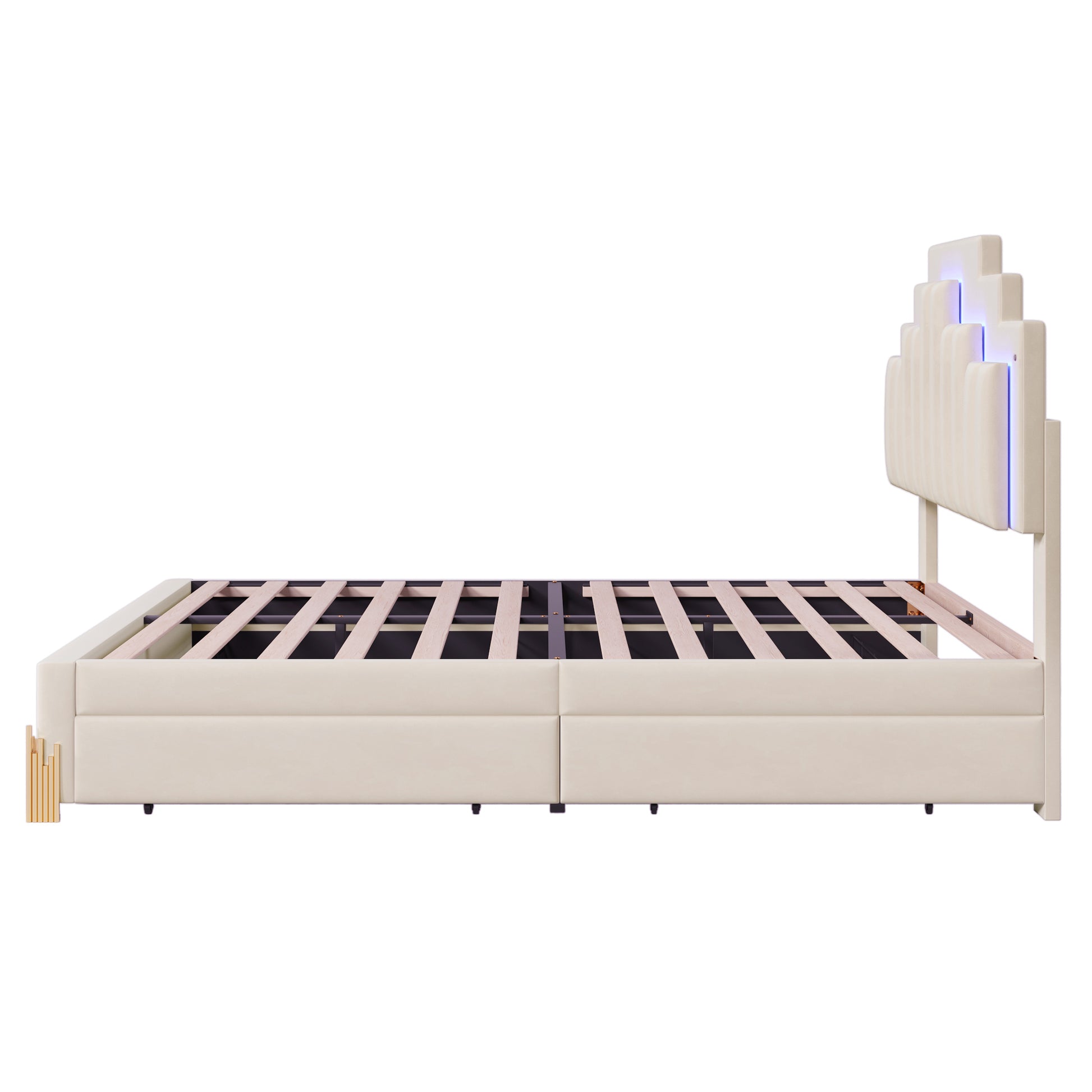Full Size Upholstered Platform Bed With Led Lights And 4 Drawers, Stylish Irregular Metal Bed Legs Design, Beige Beige Velvet