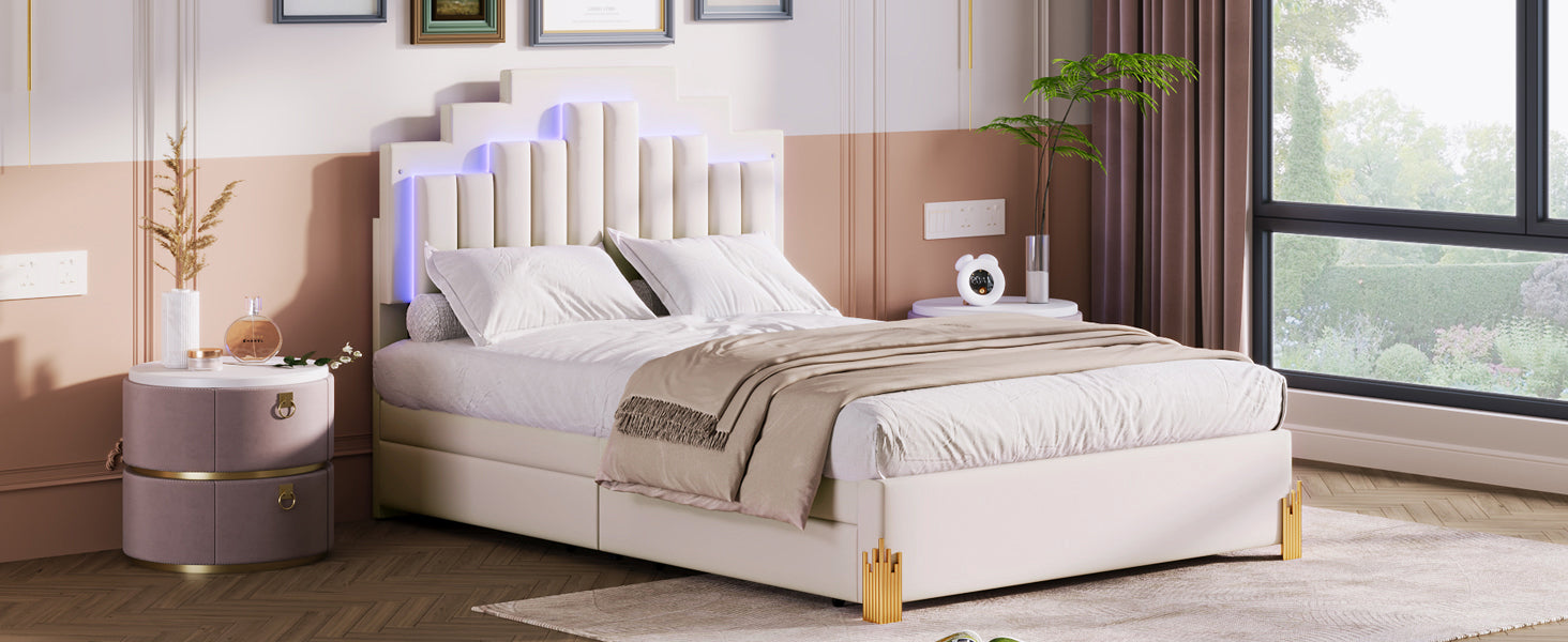 Full Size Upholstered Platform Bed With Led Lights And 4 Drawers, Stylish Irregular Metal Bed Legs Design, Beige Beige Velvet