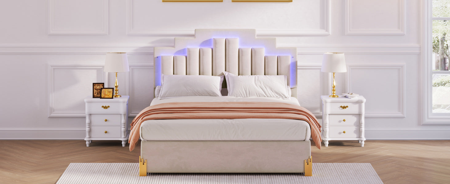 Queen Size Upholstered Platform Bed With Led Lights And 4 Drawers, Stylish Irregular Metal Bed Legs Design, Beige Beige Velvet