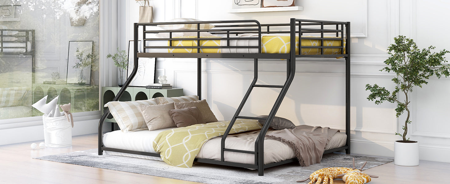 Metal Floor Bunk Bed, Twin Xl Over Queen, Black Black Metal