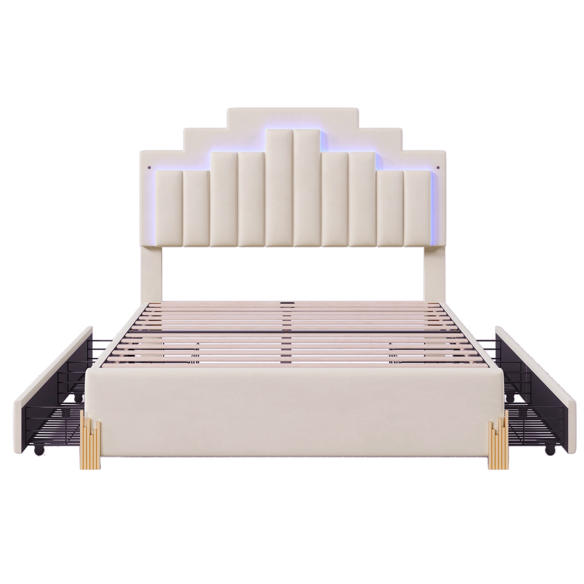 Full Size Upholstered Platform Bed With Led Lights And 4 Drawers, Stylish Irregular Metal Bed Legs Design, Beige Beige Velvet