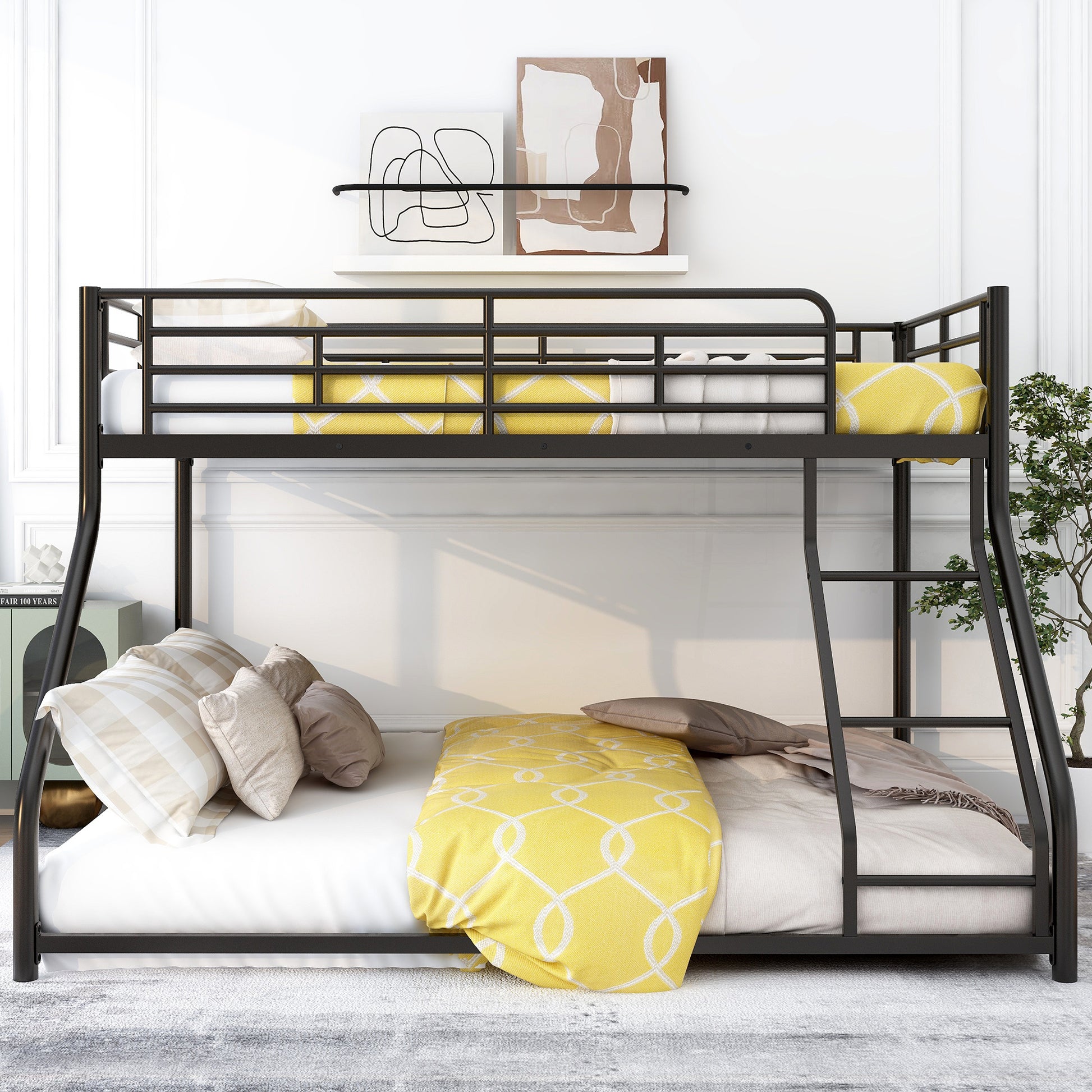 Metal Floor Bunk Bed, Twin Xl Over Queen, Black Black Metal