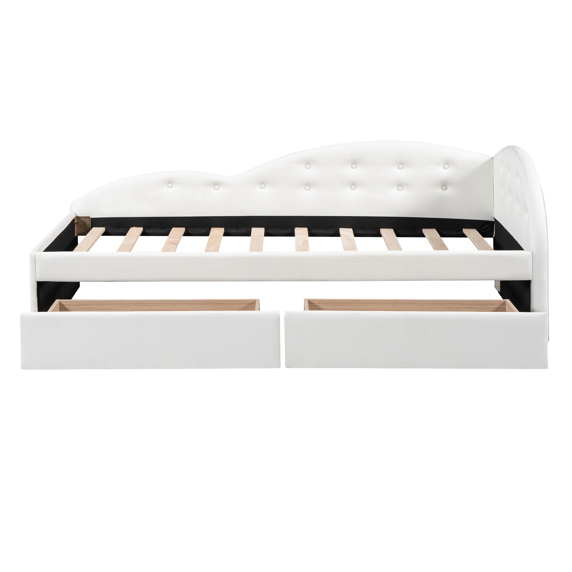 Twin Size Pu Upholstered Tufted Daybed With Two Drawers And Cloud Shaped Guardrail, White Box Spring Not Required Twin White Wood Daybeds Faux Leather Upholstered