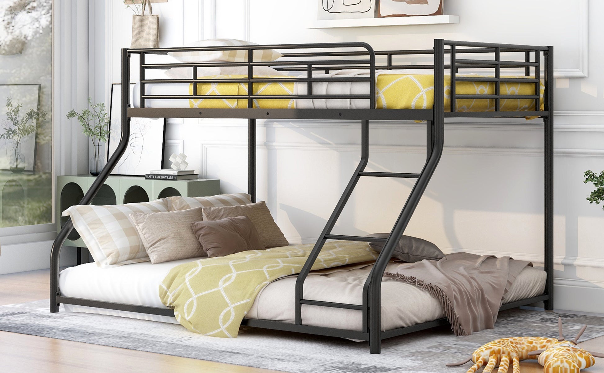 Metal Floor Bunk Bed, Twin Xl Over Queen, Black Black Metal