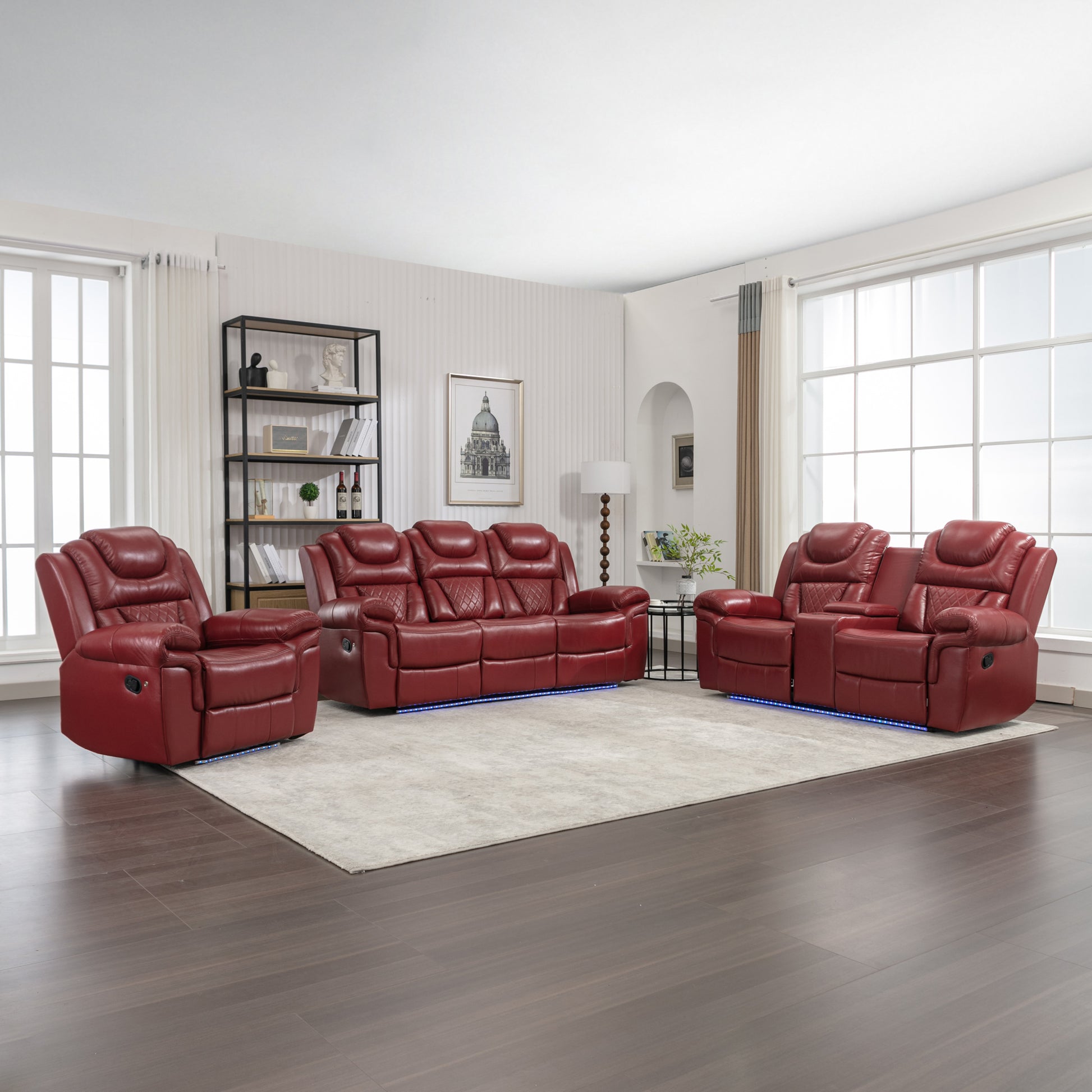 3 Pieces Recliner Sofa Sets Home Theater Seating Manual Recliner Chair With Center Console And Led Light Strip For Living Room, Wine Red Wine Red Foam Faux Leather