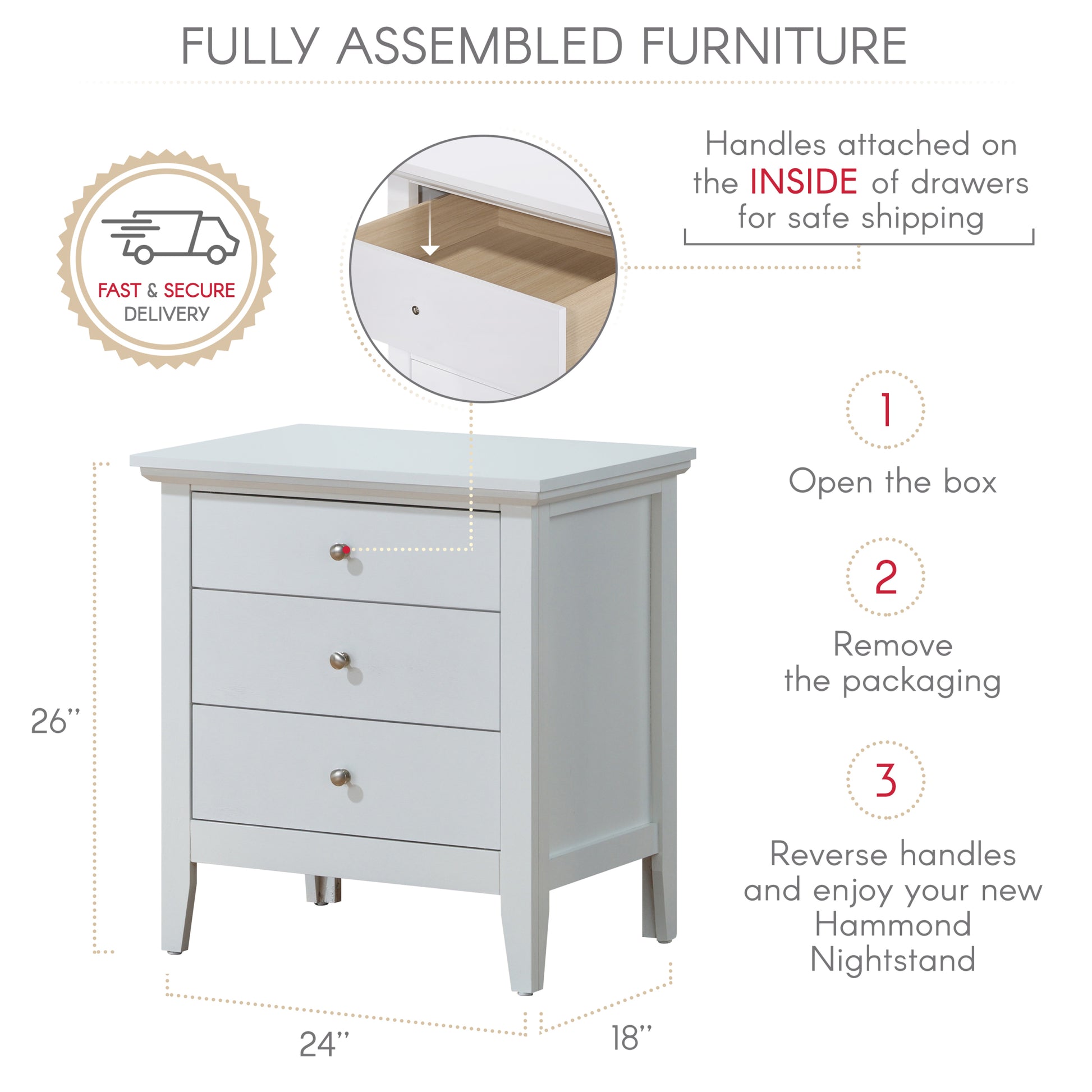 Hammond G5490 N 3 Drawer Nightstandwhite White Particle Board