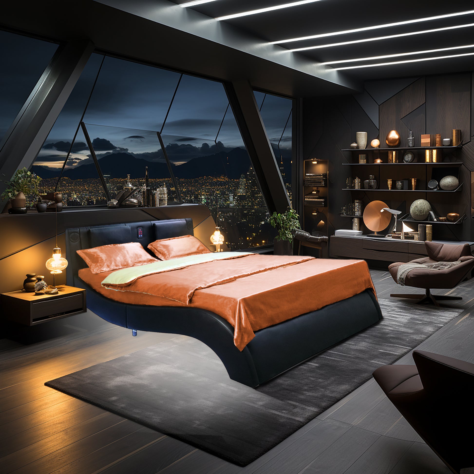 Faux Leather Upholstered Platform Bed Frame With Led Lighting, Bluetooth Connection To Play Music Control, Backrest Vibration Massage, Curve Design, Wood Slat Support, Exhibited Speakers,Queen Queen Black Mdf