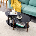 Black Oval Glass Coffee Table, Modern Table In Living Room Oak Wood Leg Tea Table 3 Layer Tempered Glass Table Brown Glass