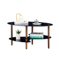 Black Oval Glass Coffee Table, Modern Table In Living Room Oak Wood Leg Tea Table 3 Layer Tempered Glass Table Brown Glass