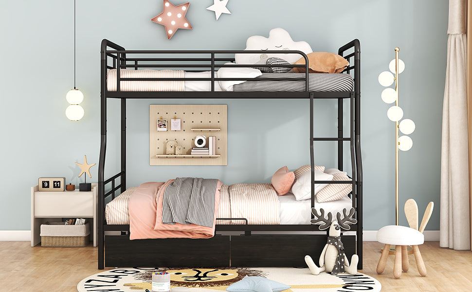 Full Xl Over Queen Metal Bunk Bed With 2 Drawers, Black Black Iron