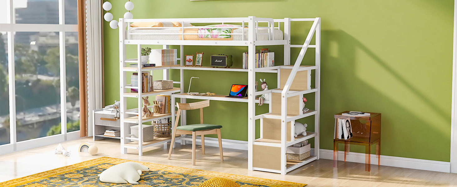Twin Size Metal Loft Bed With Staircase, Built In Desk And Storage Shelves, White Box Spring Not Required Twin White Metal Bedroom Mdf Metal