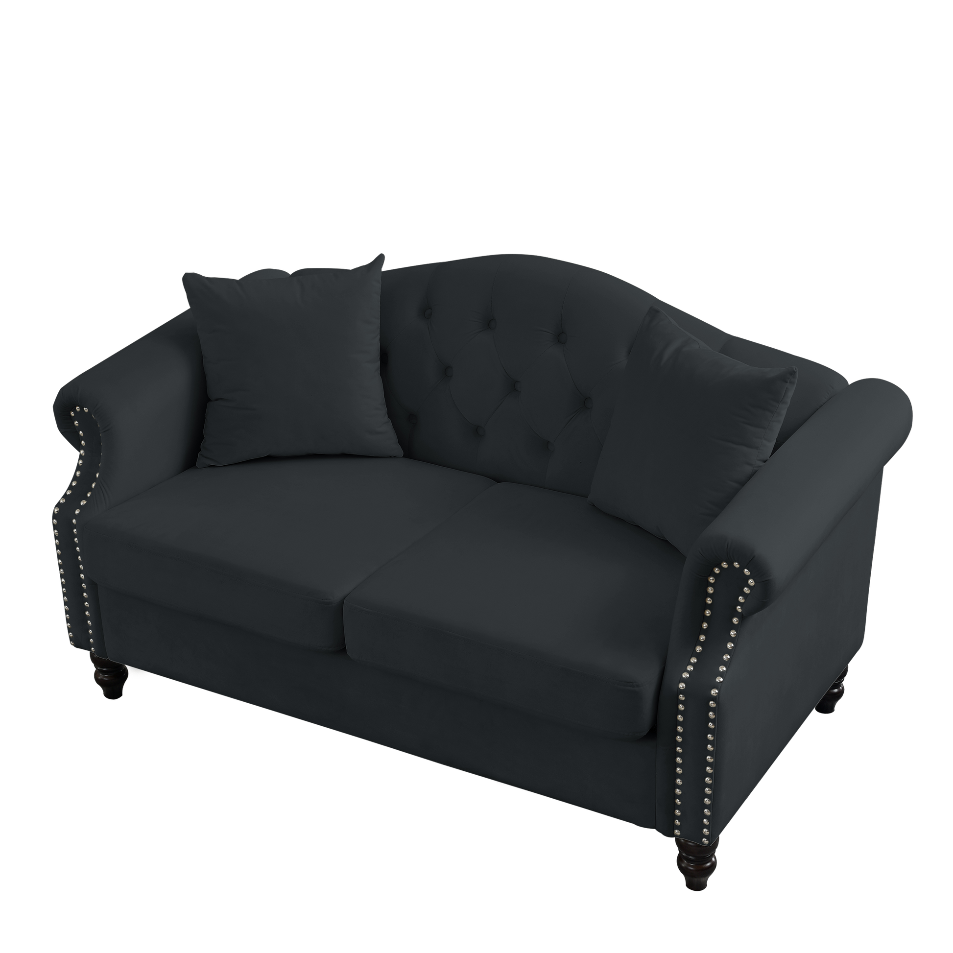 57" Chesterfield Sofa Black Velvet For Living Room, 2 Seater Sofa Tufted Couch With Rolled Arms And For Living Room, Bedroom, Office, Apartment, Two Pillows Black Foam Velvet
